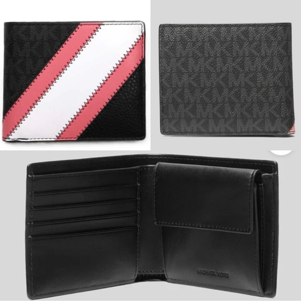 NWT Michael Kors Cooper Logo and Striped Billfold Wallet in Black & Pink $178